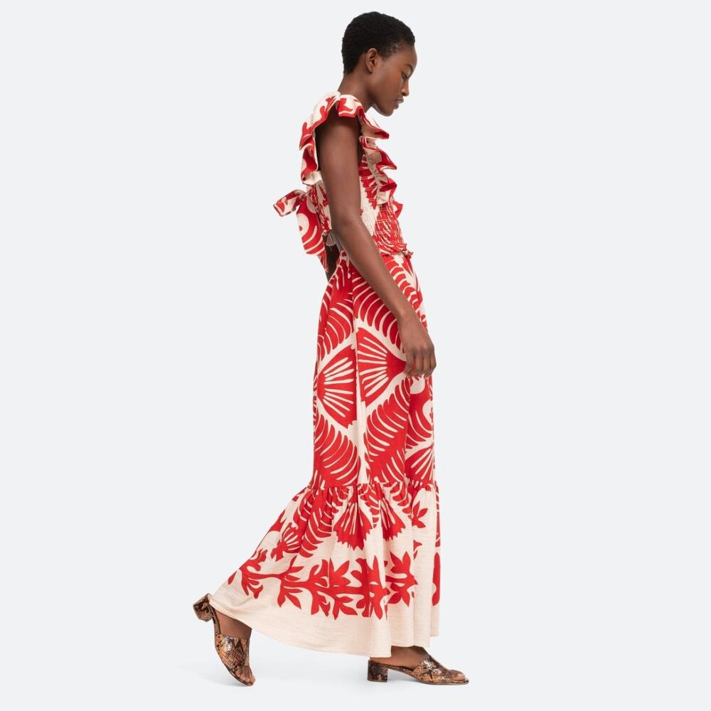 SEA‎ NY Maxi Dress Henrietta Ruby Red White Floral Smocked Bow Cutout Back Sz M - Picture 3 of 11